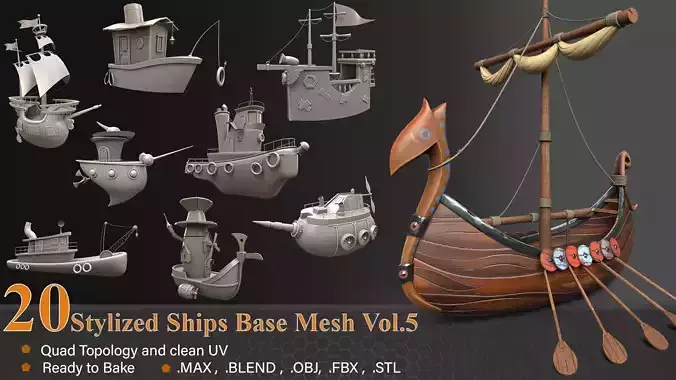 20 Stylized Ships Base Mesh vol-05