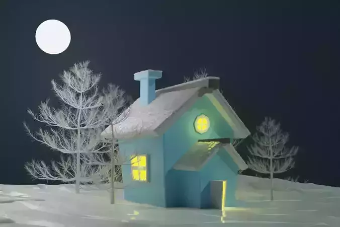 Low-poly house in snow land