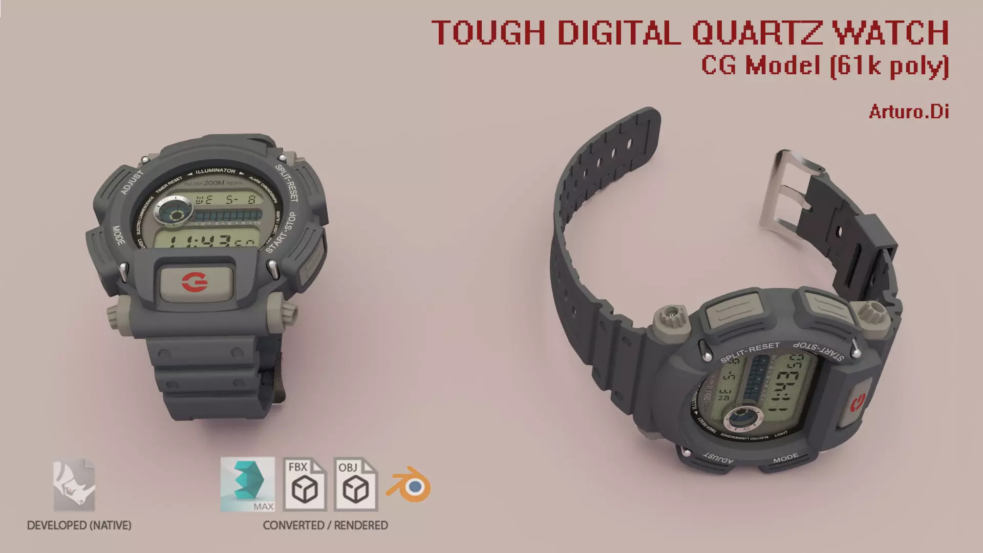 Tough Digital Quartz Watch 3D model_0