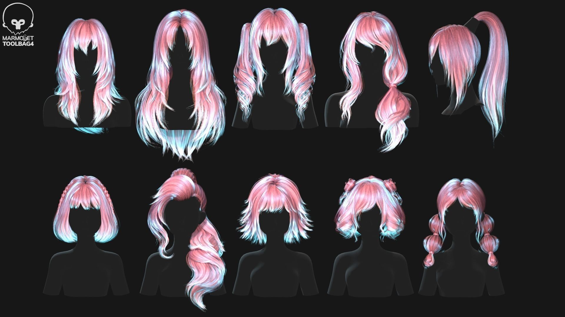 Hairstyle pack 10 pieces Real-Time low poly cards Low-poly 3D model_2