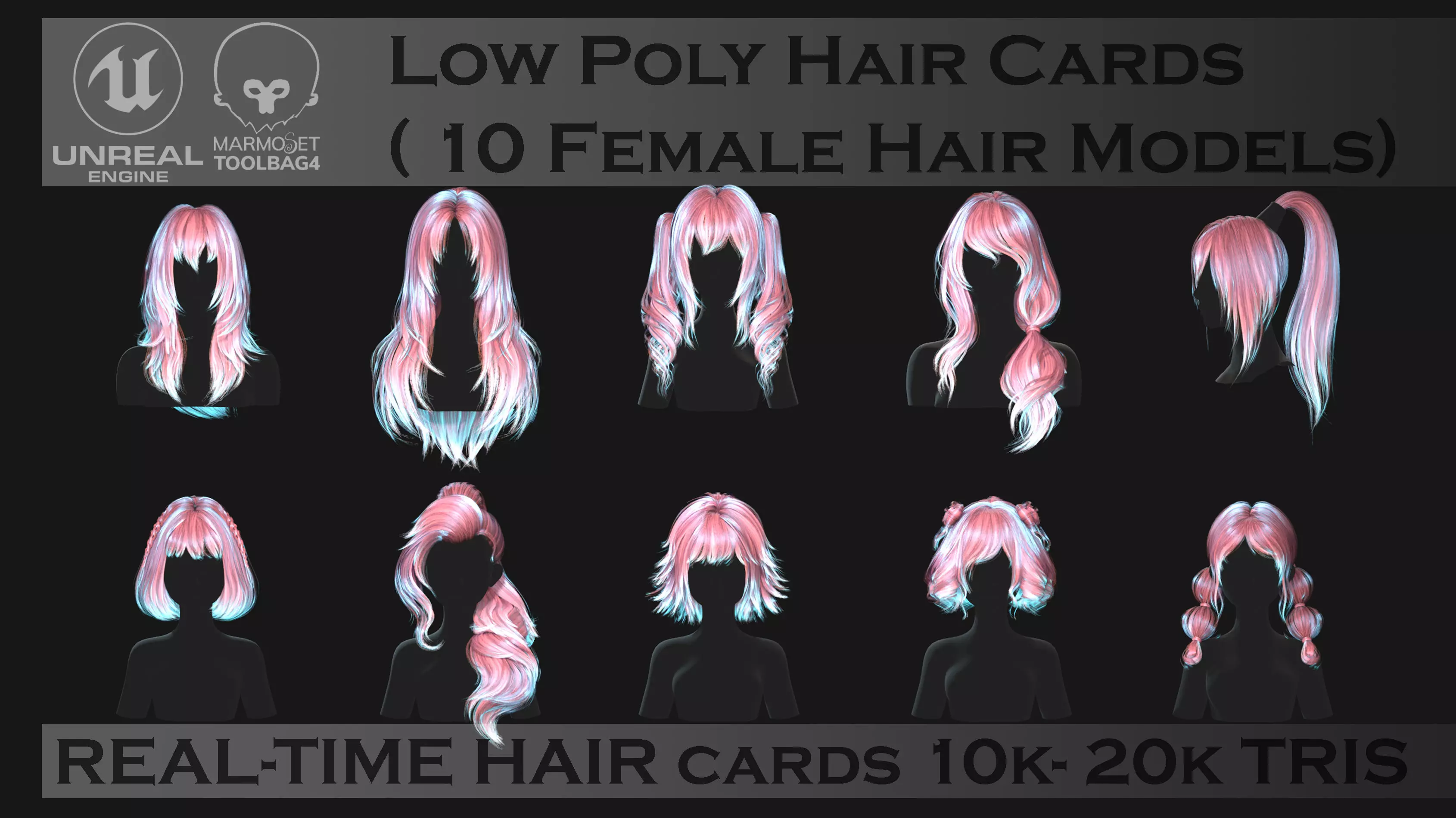 Hairstyle pack 10 pieces Real-Time low poly cards Low-poly 3D model_0