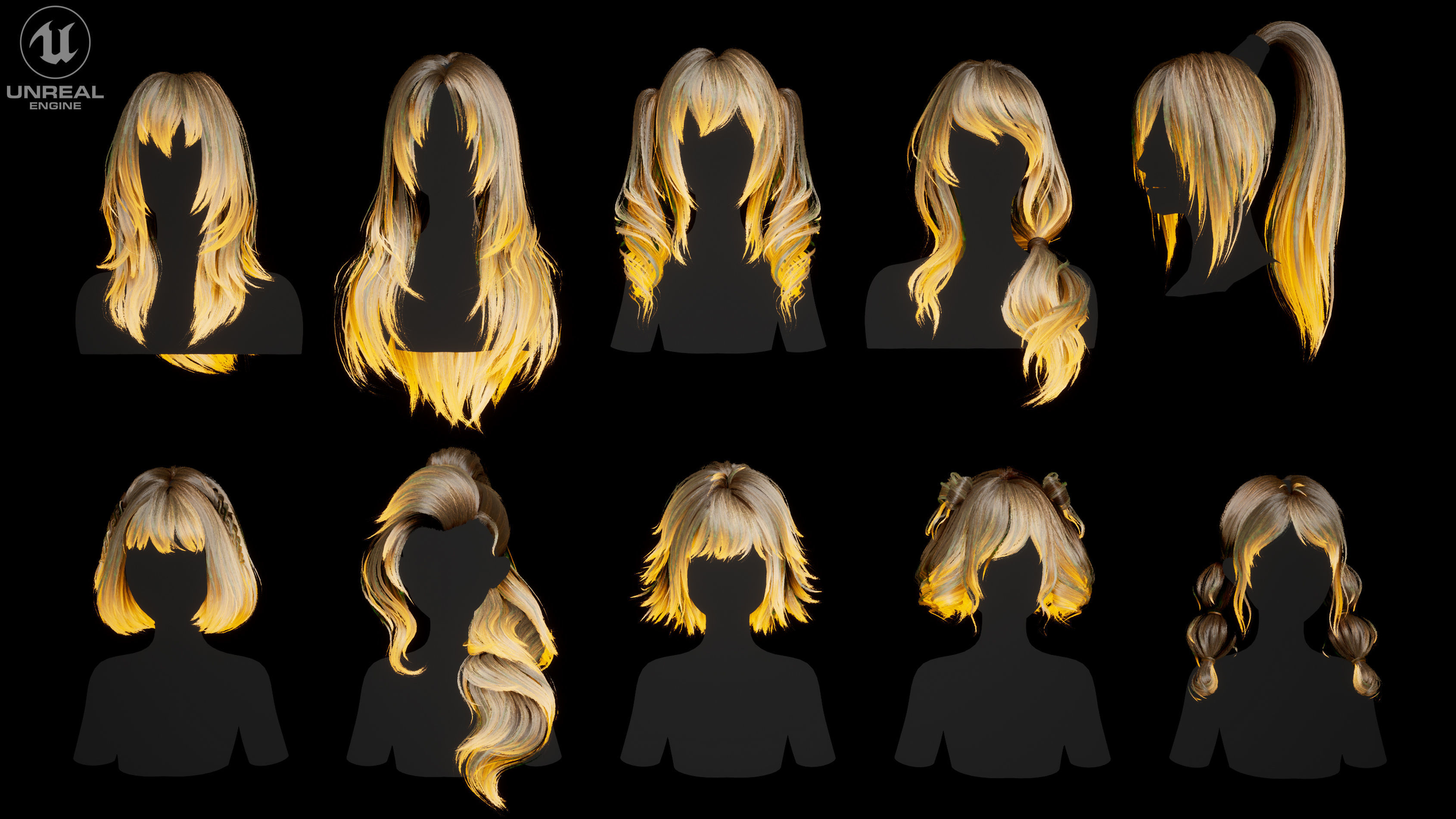 Hairstyle pack 10 pieces Real-Time low poly cards Low-poly 3D model_4