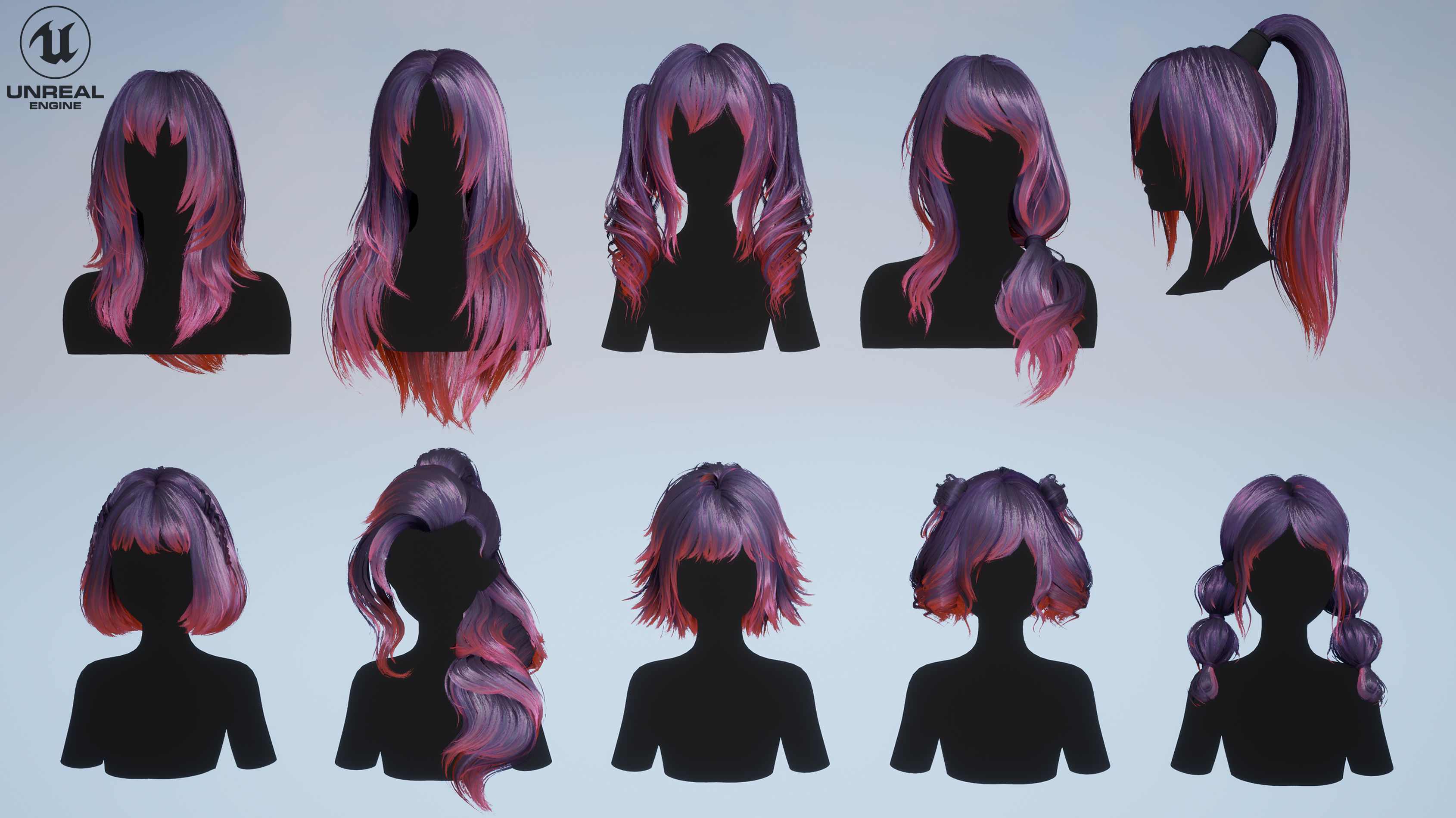 Hairstyle pack 10 pieces Real-Time low poly cards Low-poly 3D model_6