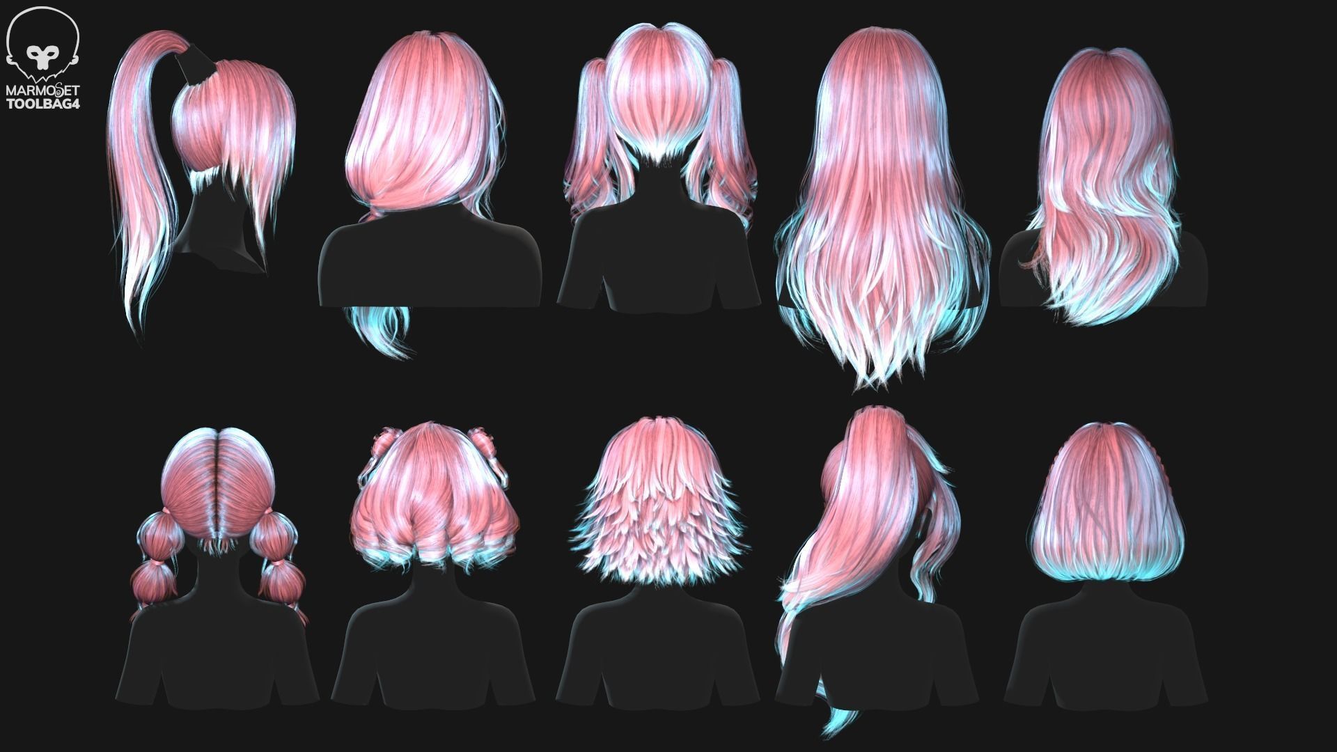 Hairstyle pack 10 pieces Real-Time low poly cards Low-poly 3D model_3