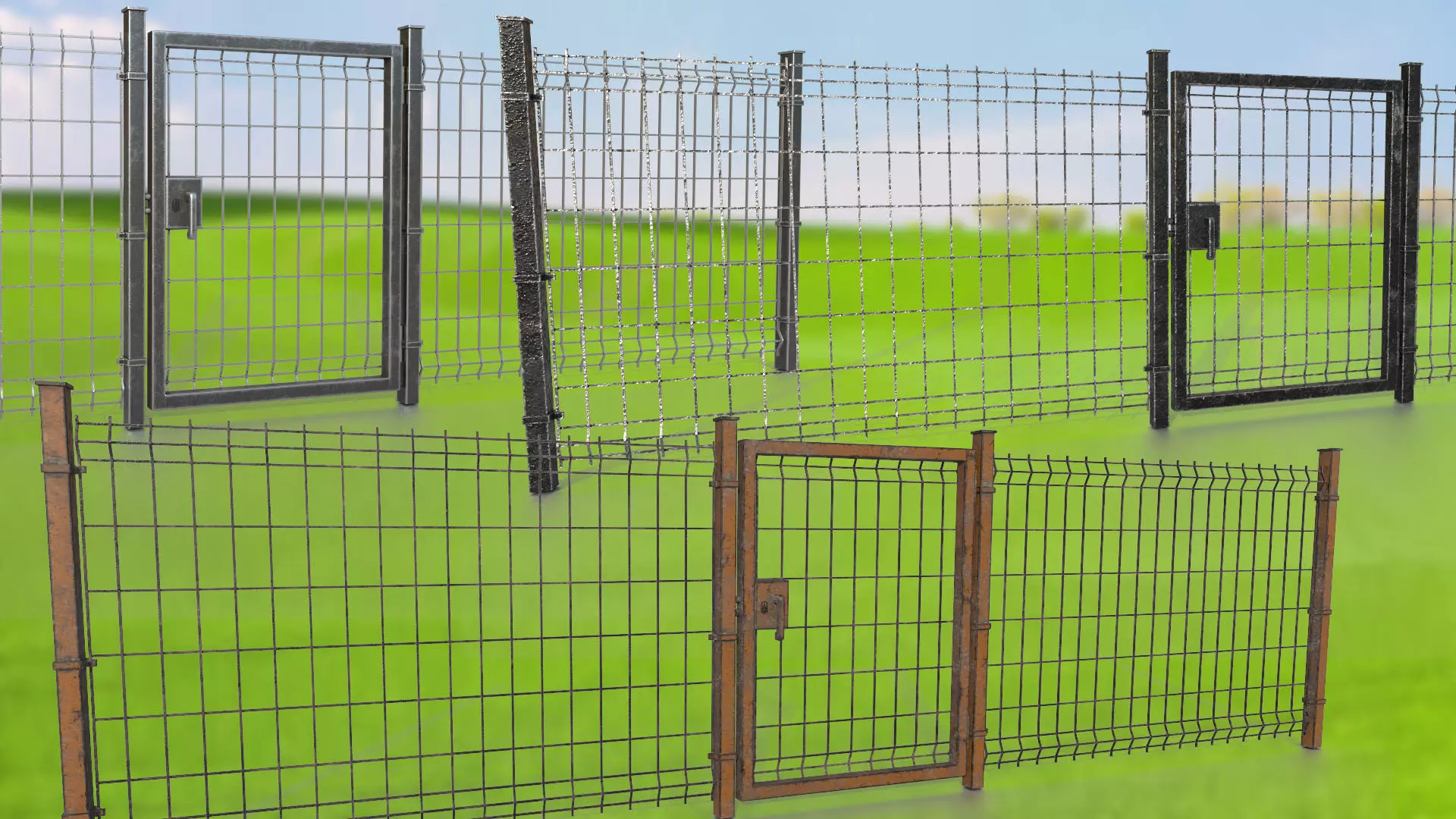 Metal gates and grating wall PBR low-poly game ready Low-poly 3D model_0