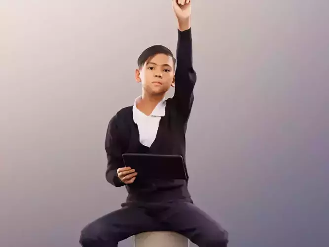 Jordan 12471 - Sitting Asian Schoolkid With Tablet Rise His Hand