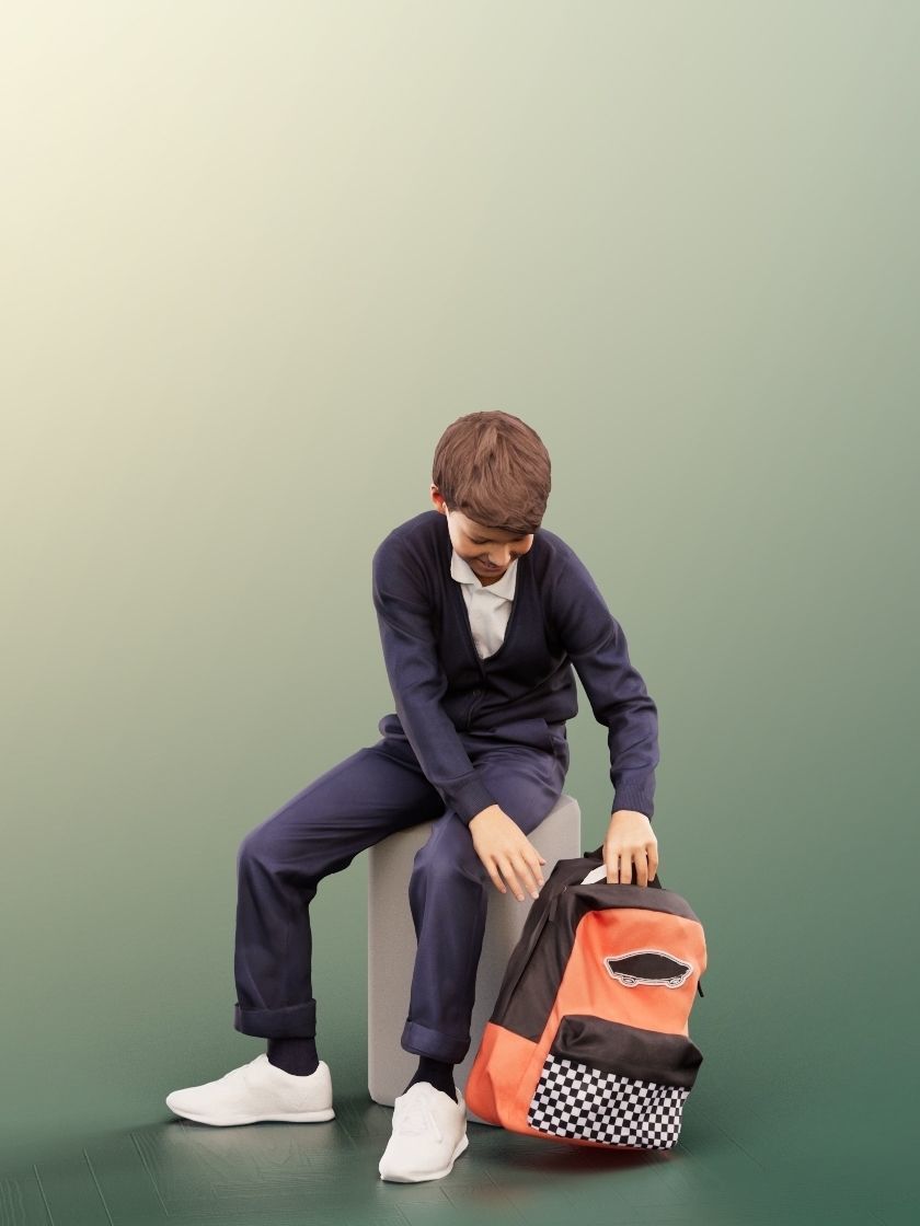 Manuel 12356 - Sitting School Boy With Backpack Low-poly 3D model_2