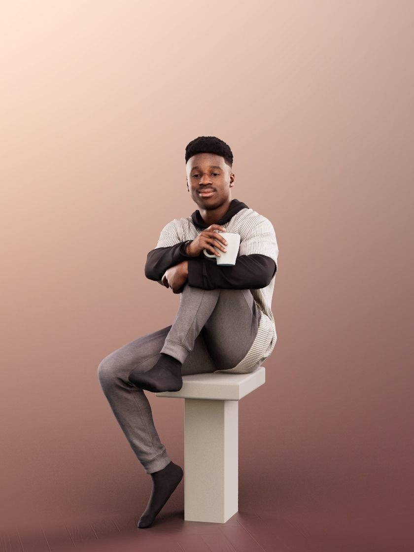 Kendal 12078 - Sitting Casual Black Man With Cup Low-poly 3D model_2