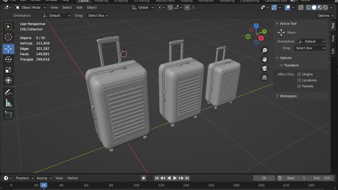 SUITCASE-BLACK three suitcases on wheels 3D model_1