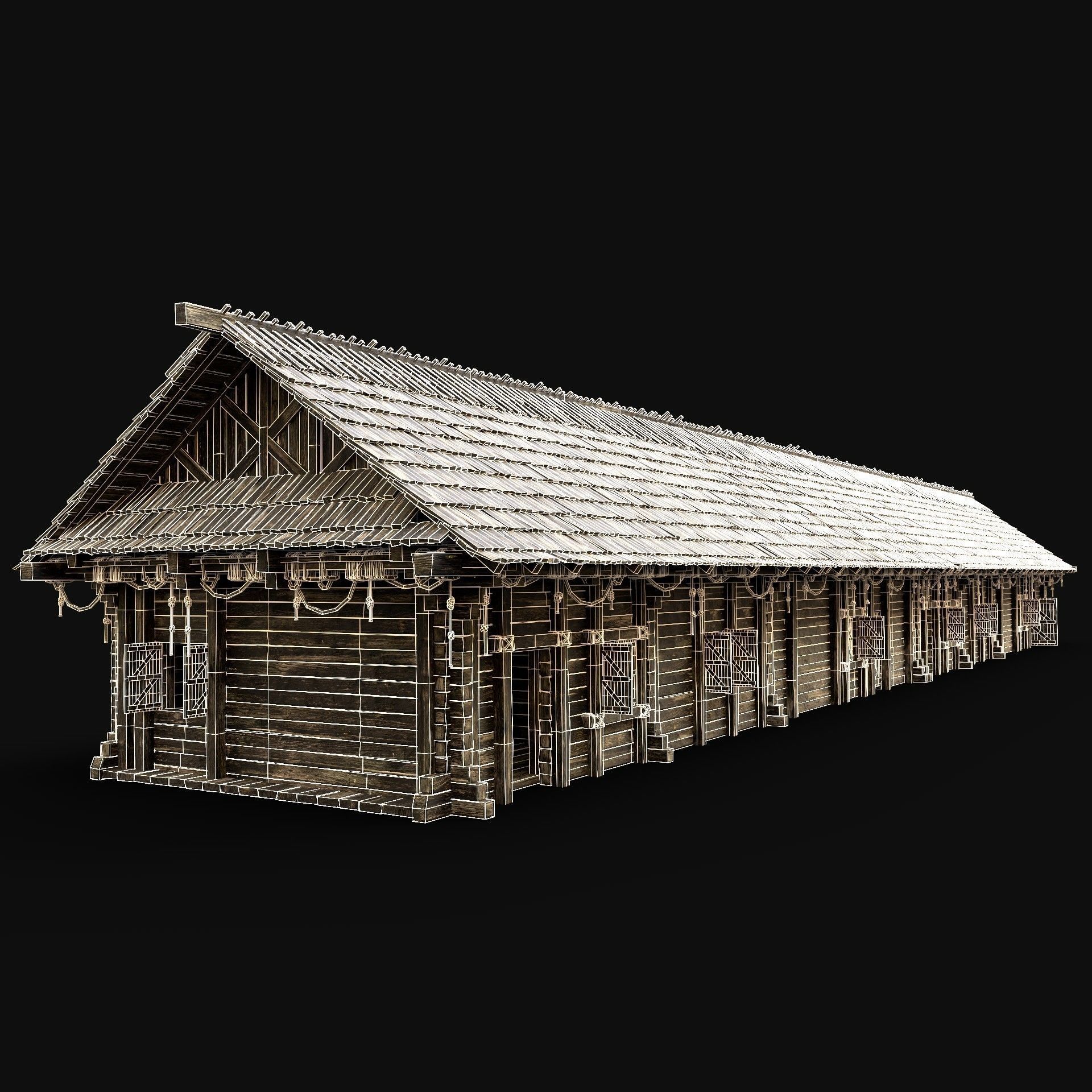 SLAVIC LONG HOUSE HUT FARM SHED BARN COTTAGE MEDIEVAL WOODEN AAA Low-poly 3D model_6