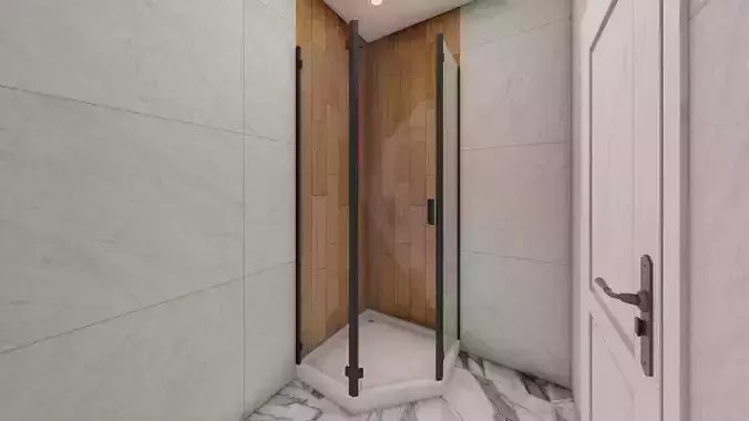 Shower bathroom with stall and marble walls