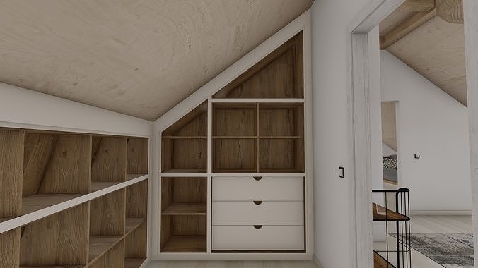 Wardrobe closet in attic with wooden beams Free 3D model