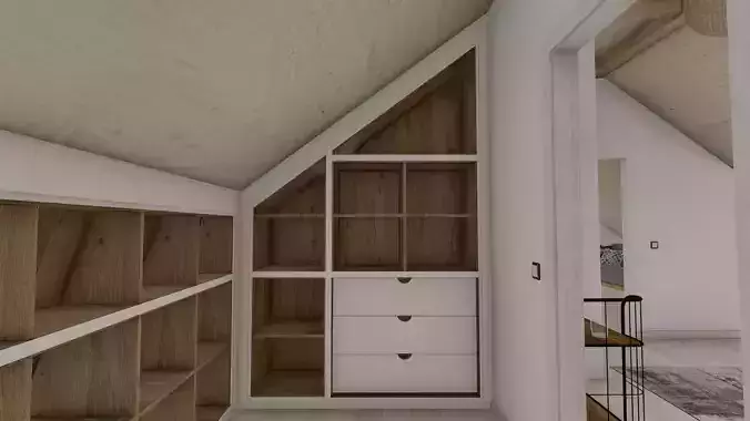 Wardrobe closet in attic with wooden beams
