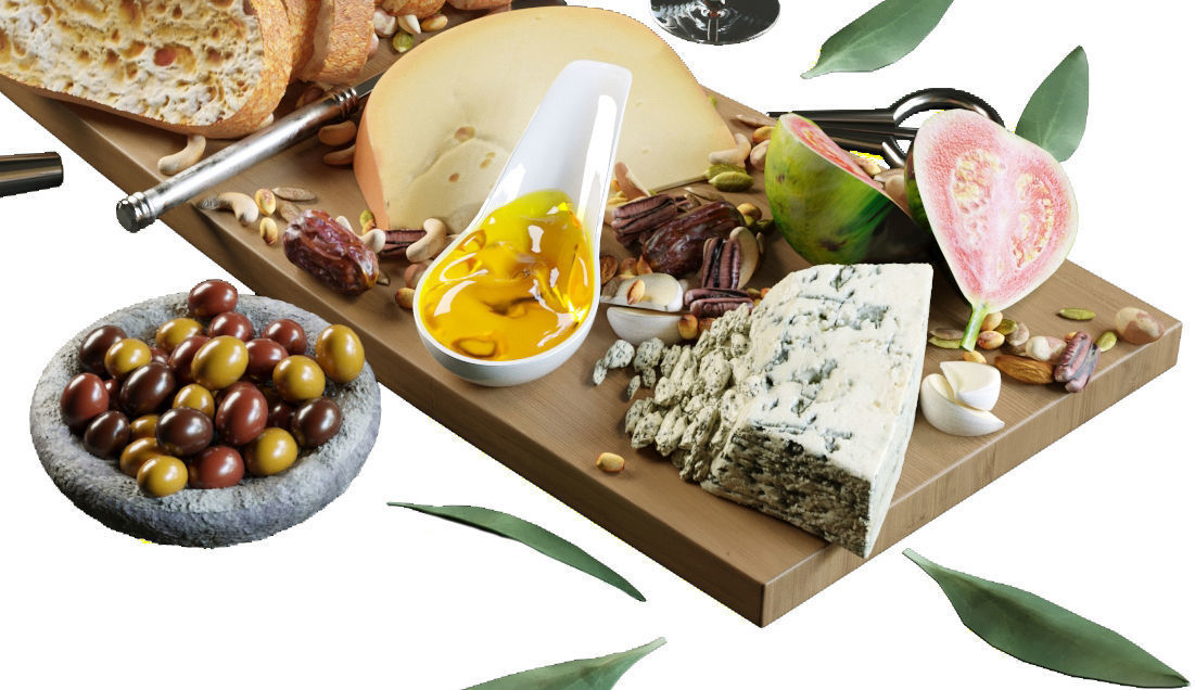 Meat plate with red wine 3D model_4