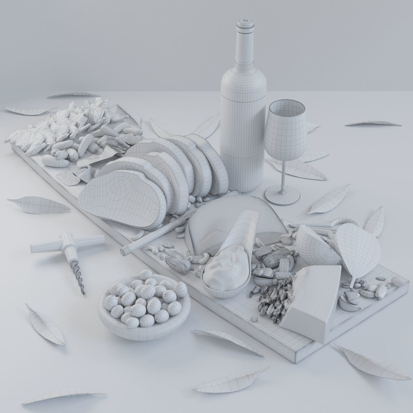 Meat plate with red wine 3D model_1