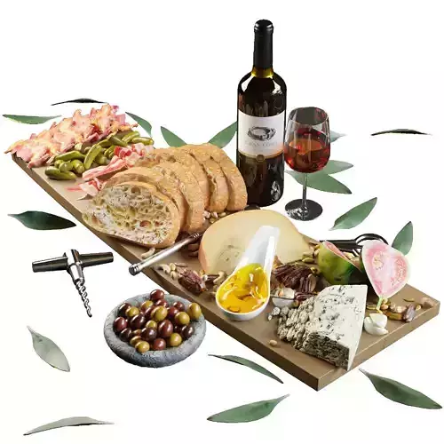 Meat plate with red wine 3D model