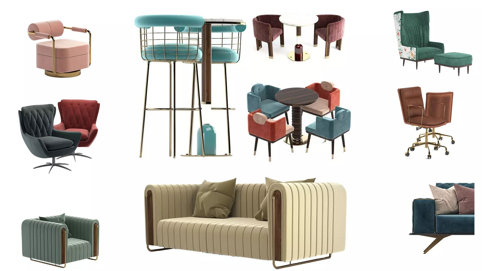 Furniture leather chair with gold accents 3D Model Collection_0