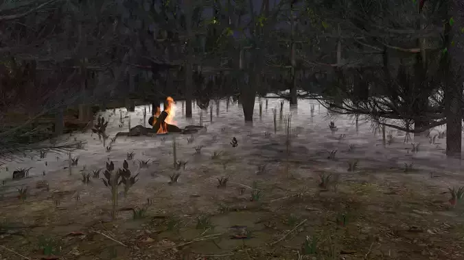 Misty Forest With a Campfire