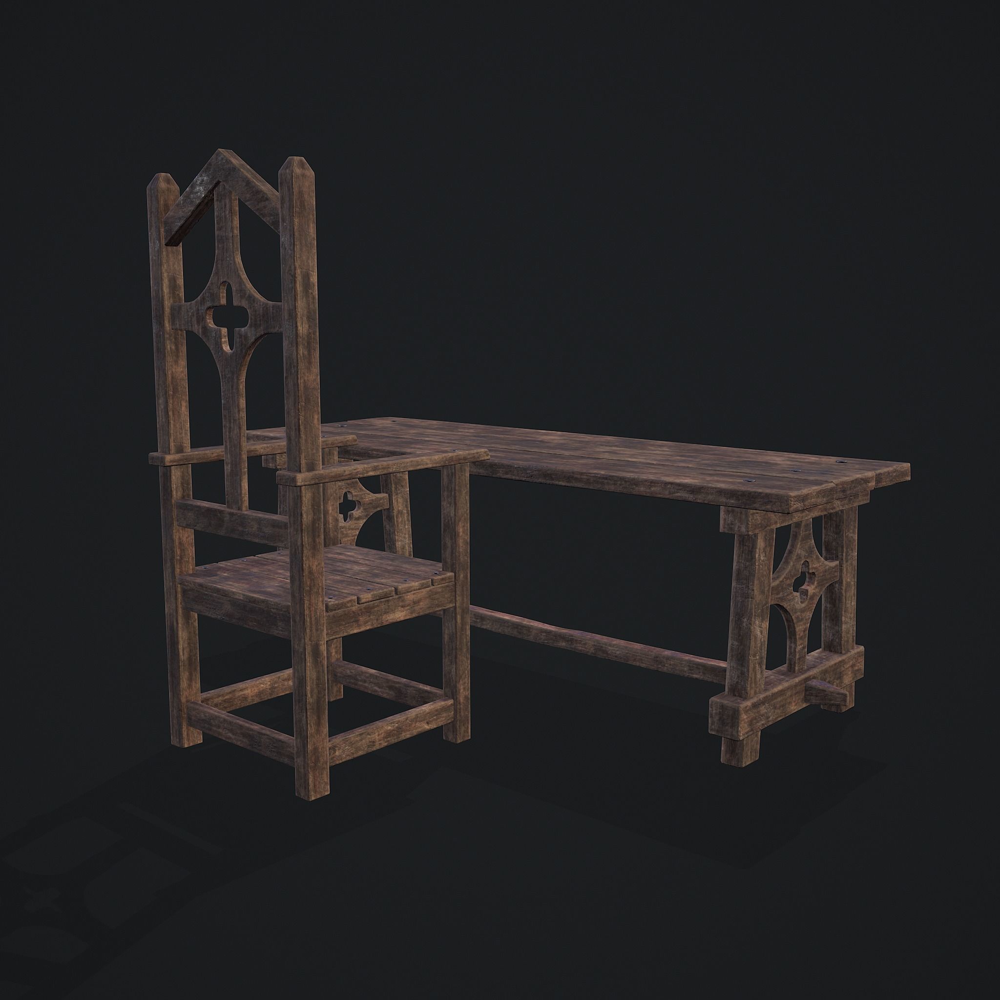 Medieval Table And Chair Low-poly 3D model_4