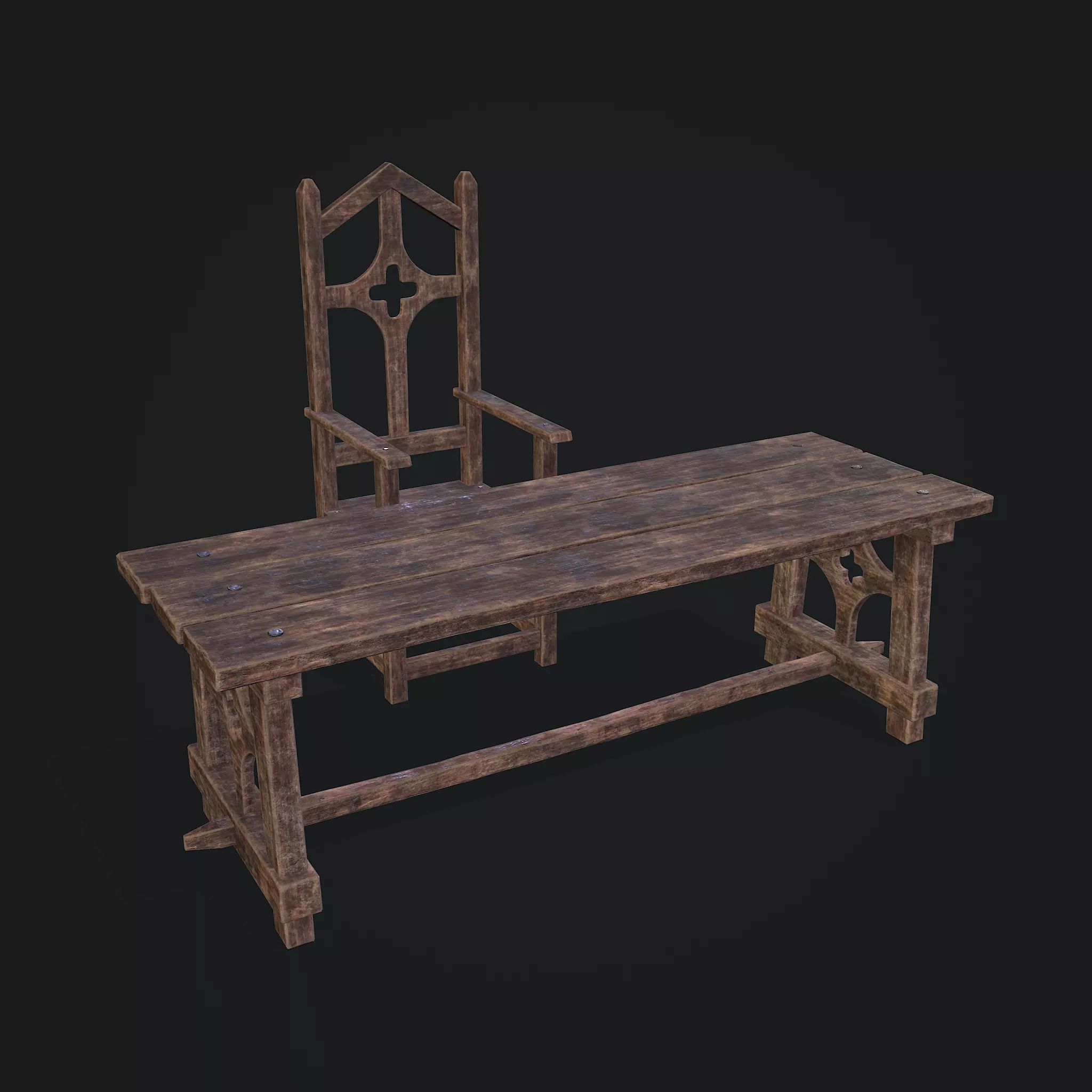 Medieval Table And Chair Low-poly 3D model_0