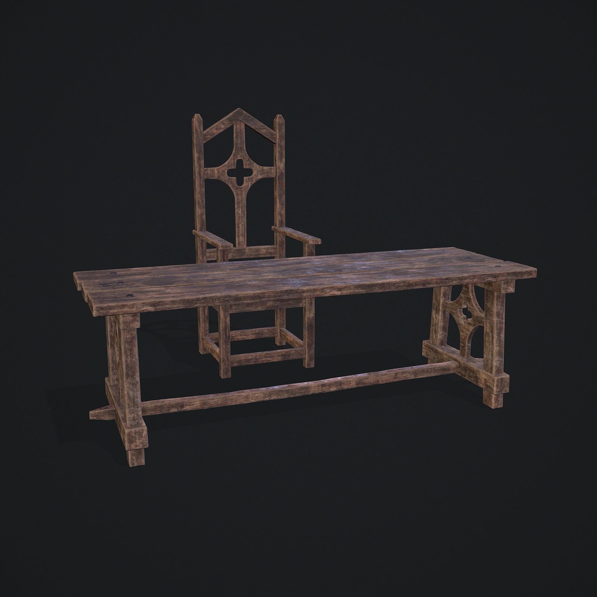 Medieval Table And Chair Low-poly 3D model_5