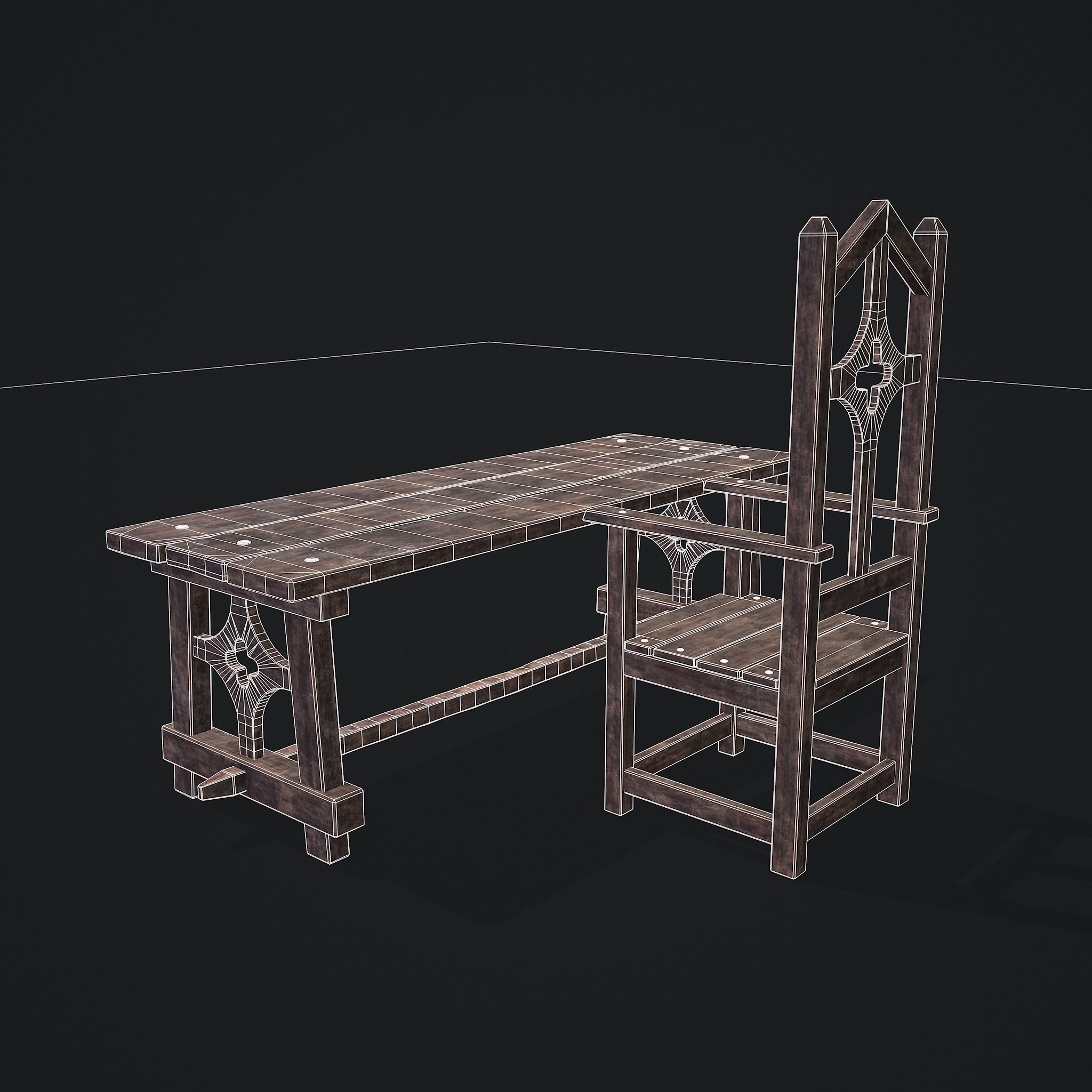 Medieval Table And Chair Low-poly 3D model_16
