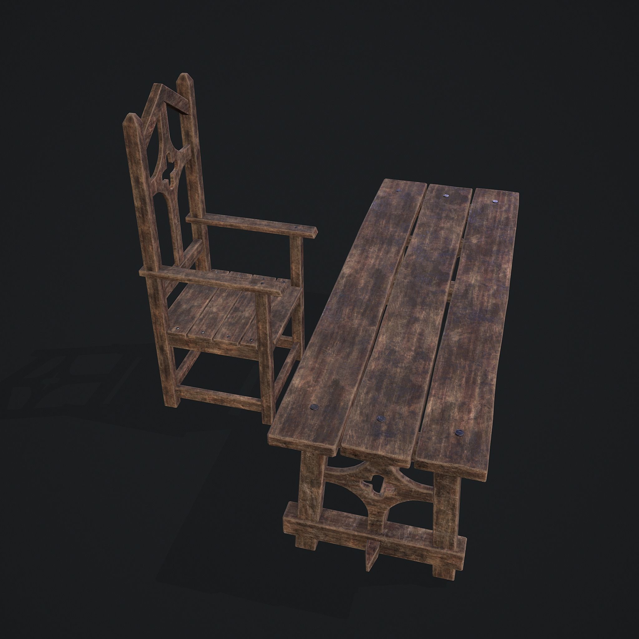 Medieval Table And Chair Low-poly 3D model_11