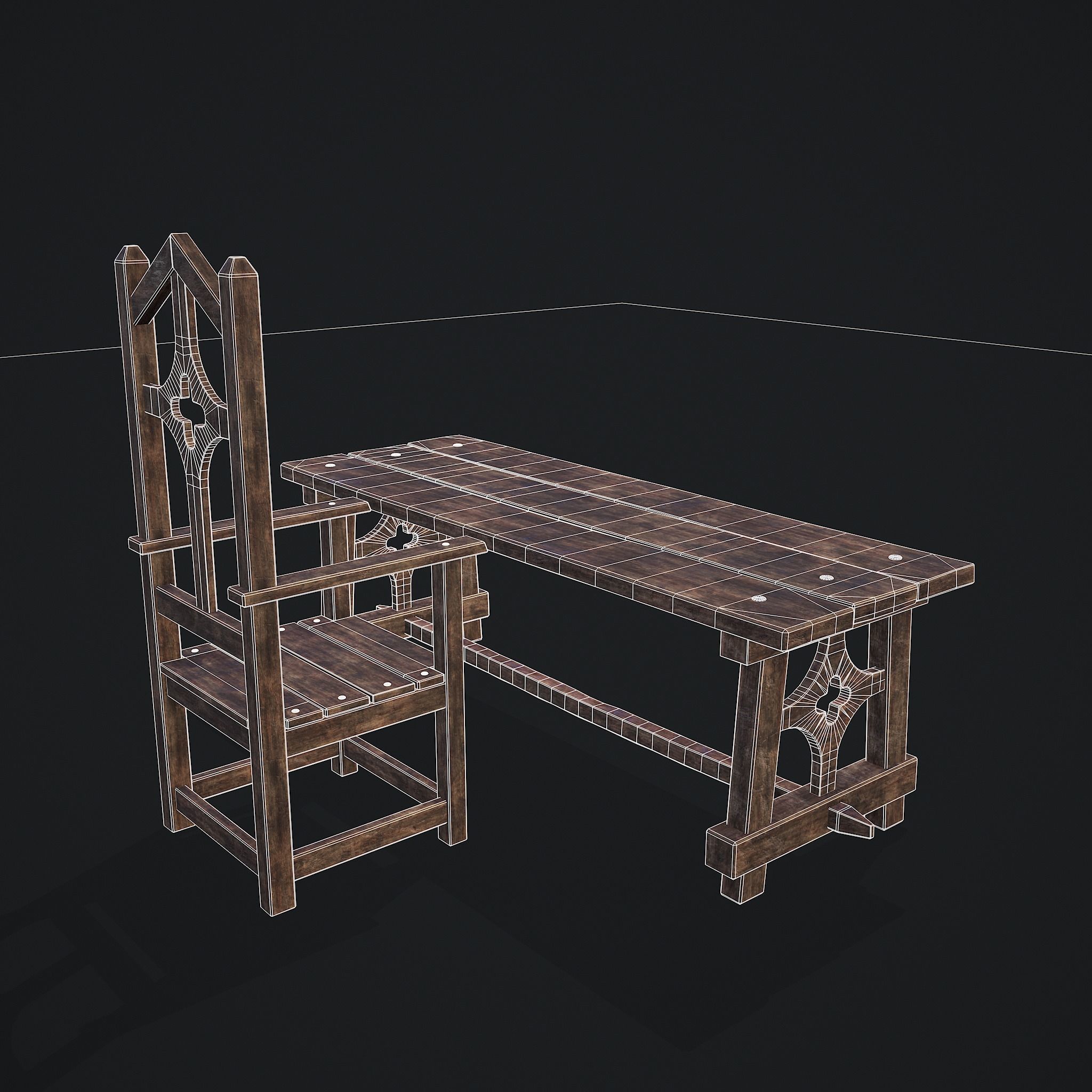 Medieval Table And Chair Low-poly 3D model_17