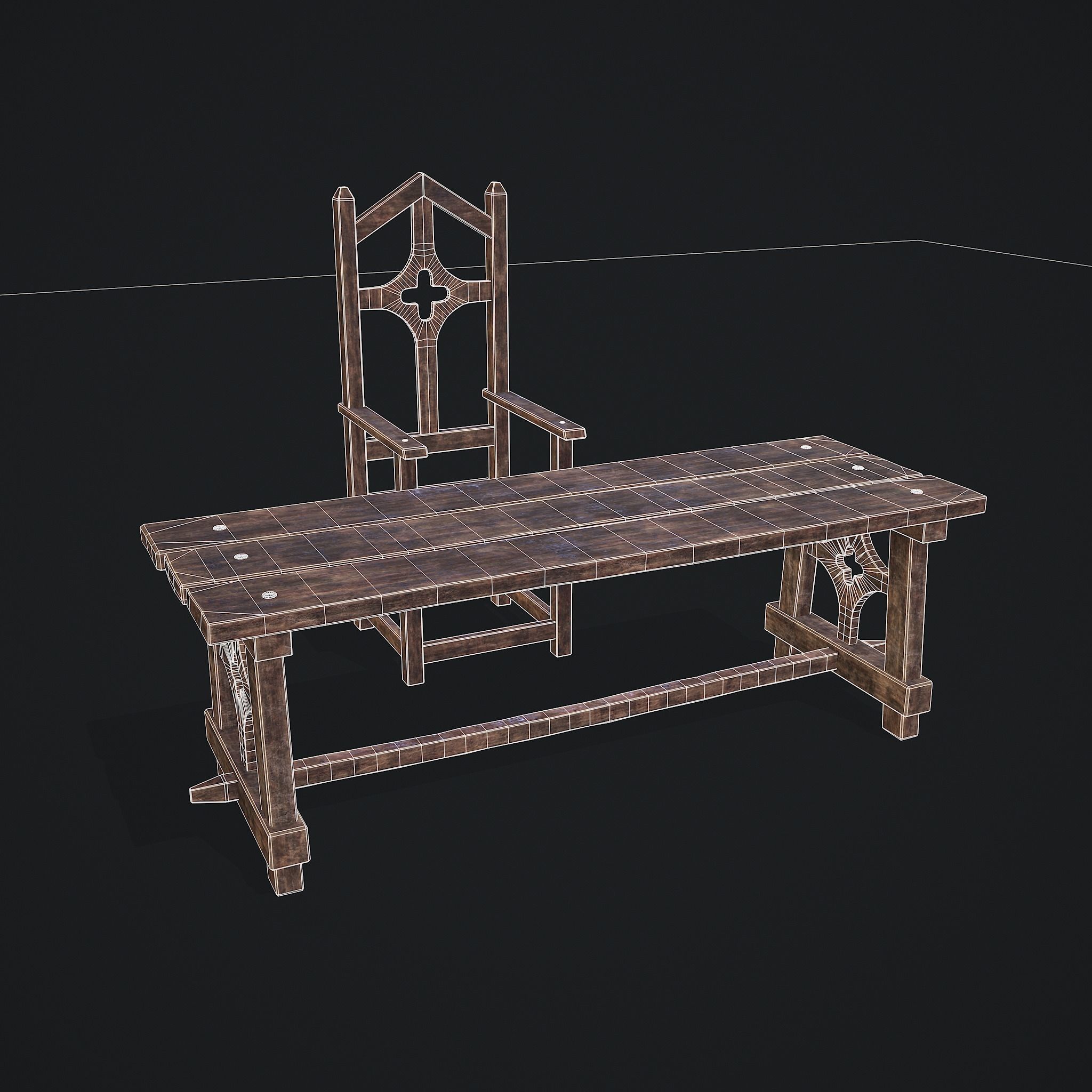 Medieval Table And Chair Low-poly 3D model_13