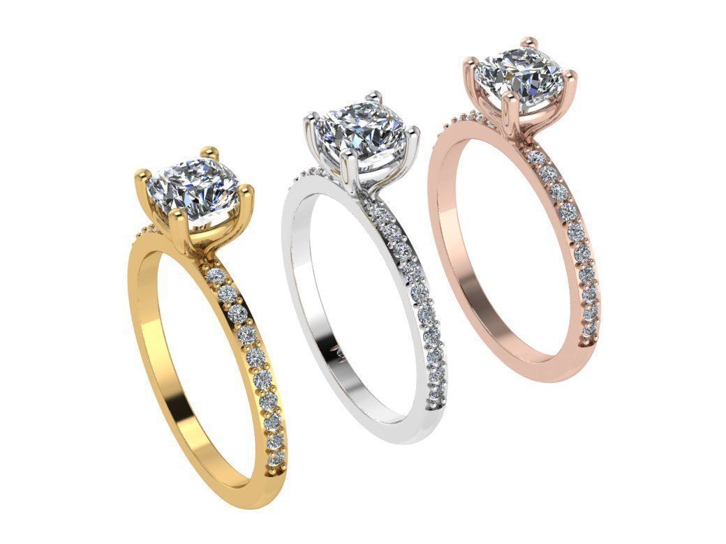 Ring132 gold engagement ring with cushion cut diamond 3D print model_4