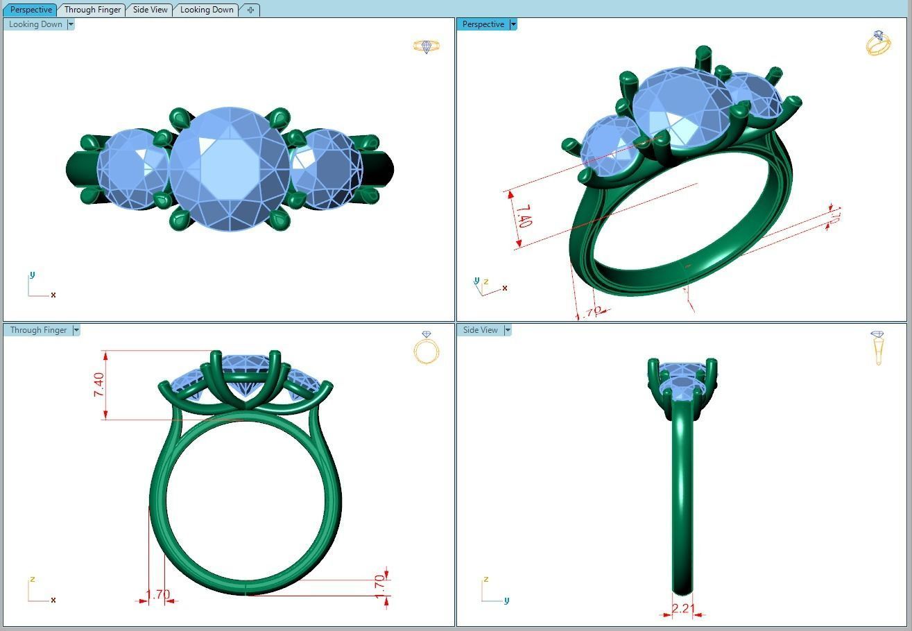 Ring134 three stone engagement ring gold 3D print model_5