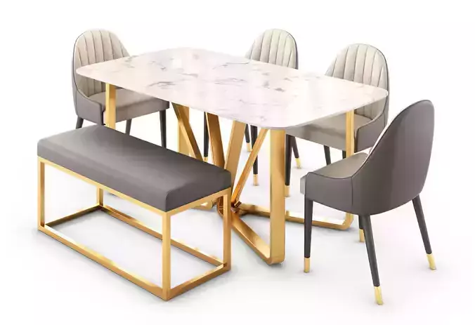 Modern Rectangle Faux Marble Dining Table Gold Set
