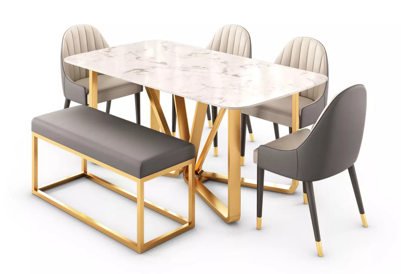 Modern Rectangle Faux Marble Dining Table Gold Set 3D model | CGTrader