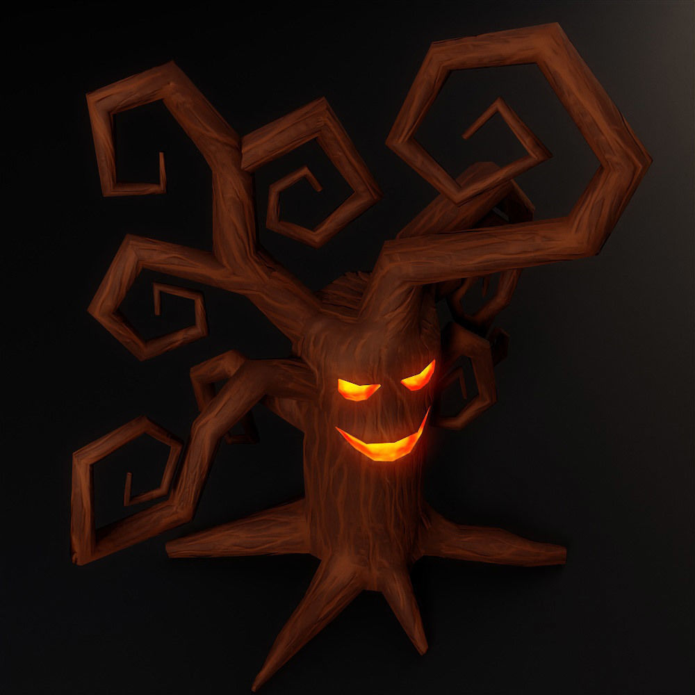 Spooky tree with glowing mouth low poly 3d model 2 Low-poly 3D model_3