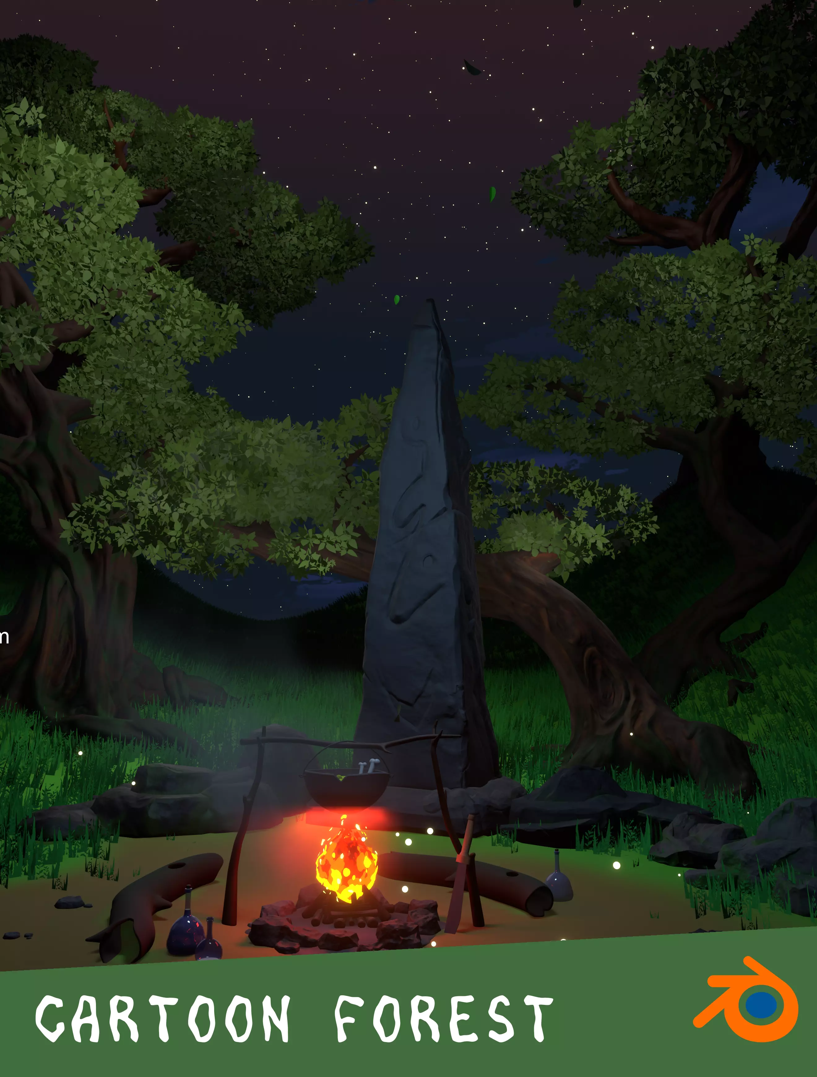 Cartoon Forest - trees grass plant and rocks LOW-POLY 3d model Low-poly 3D model_0