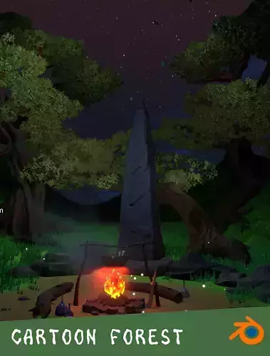 Cartoon Forest - trees grass plant and rocks LOW-POLY 3d model