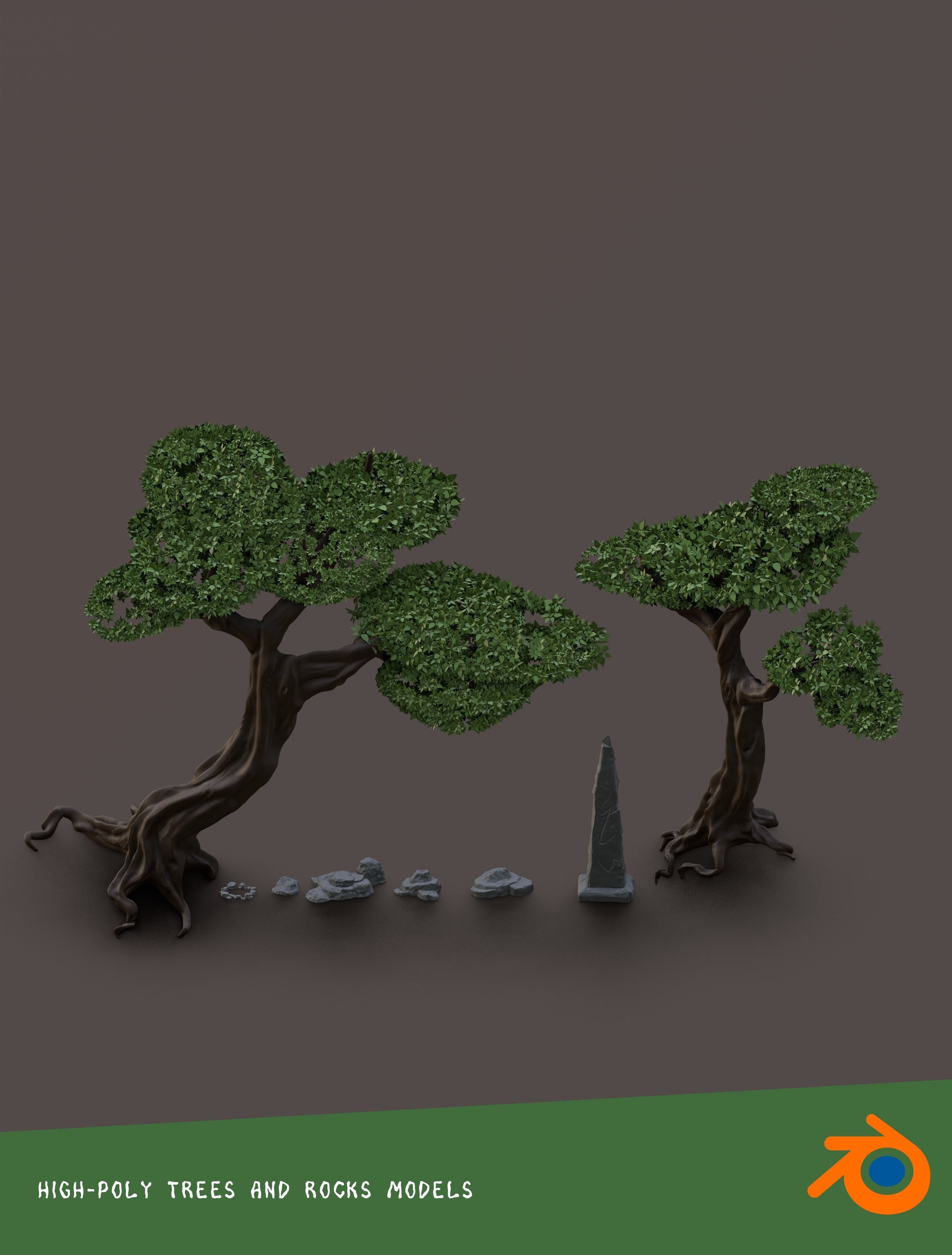 Cartoon Forest - trees grass plant and rocks LOW-POLY 3d model Low-poly 3D model_5