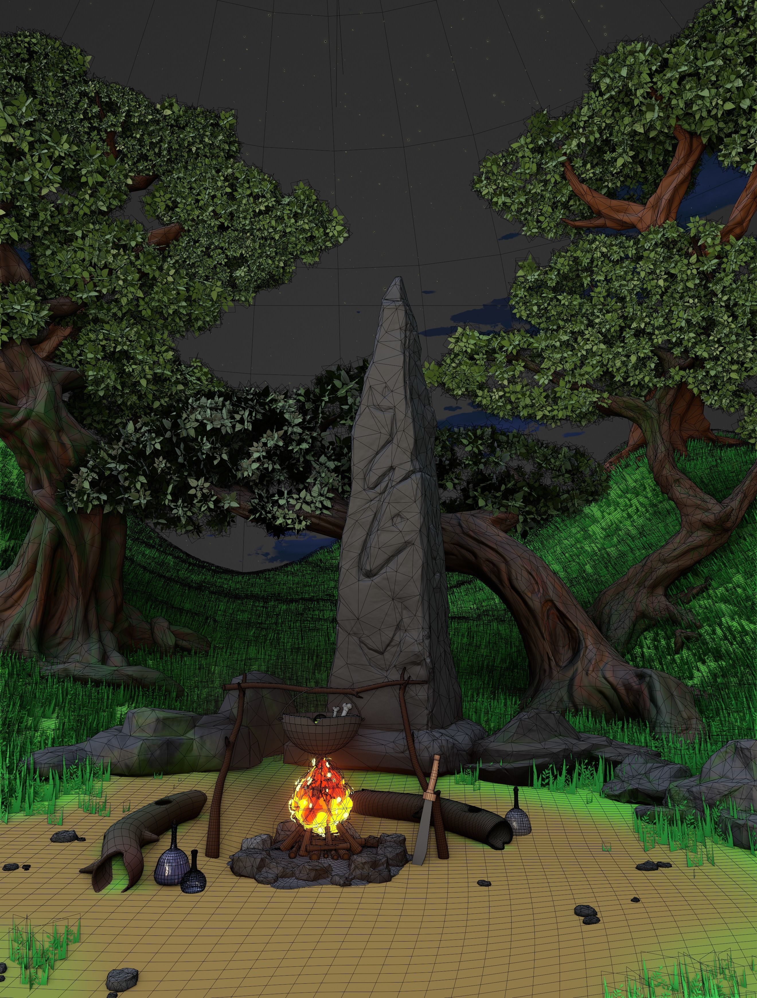 Cartoon Forest - trees grass plant and rocks LOW-POLY 3d model Low-poly 3D model_2