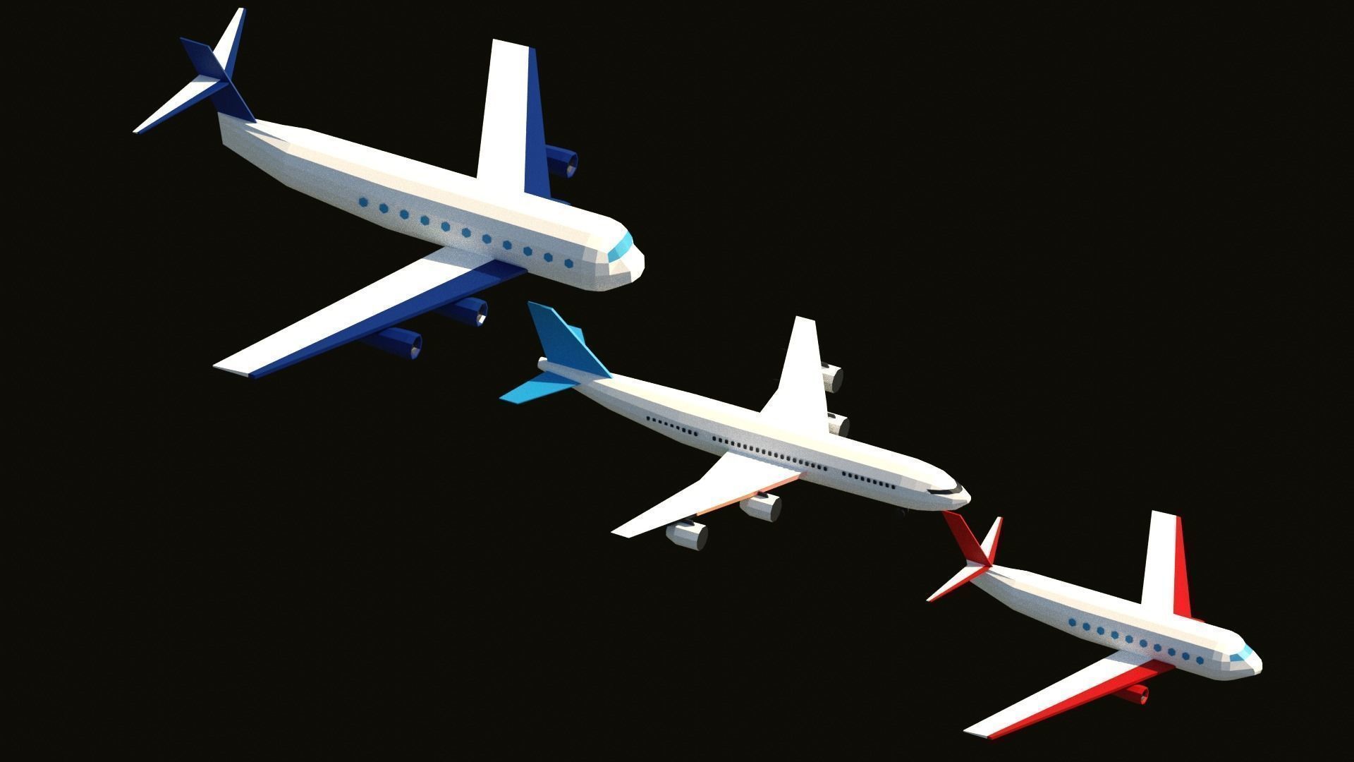 Transport Low Poly three airplanes flying in sky Low-poly 3D model_4