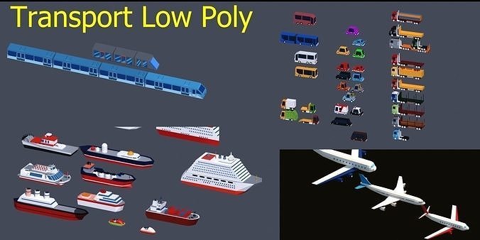 Transport Low Poly three airplanes flying in sky Low-poly 3D model