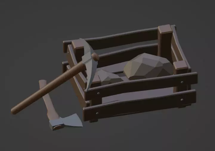 Simple tools with old wooden box with a couple of stones Low-poly 3D model_0
