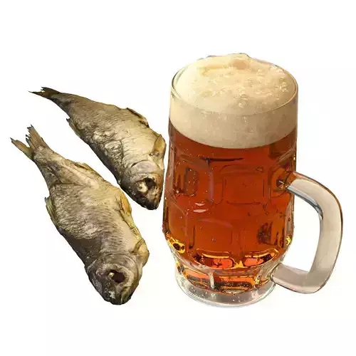 Beer in a mug with dried fish 3D model