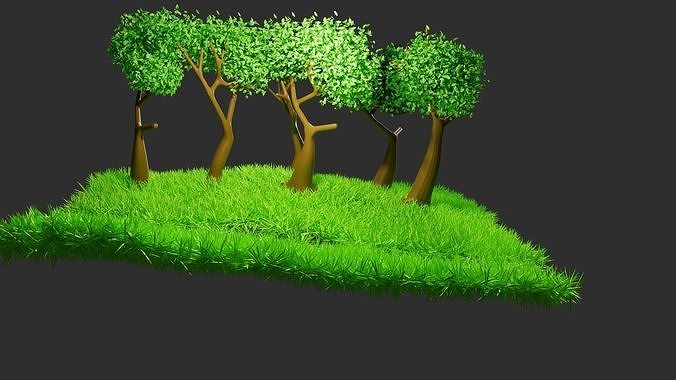nature three trees on grassy hill 3D model