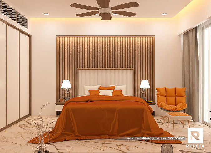 Bedroom with orange bed and ceiling fan Free 3D model