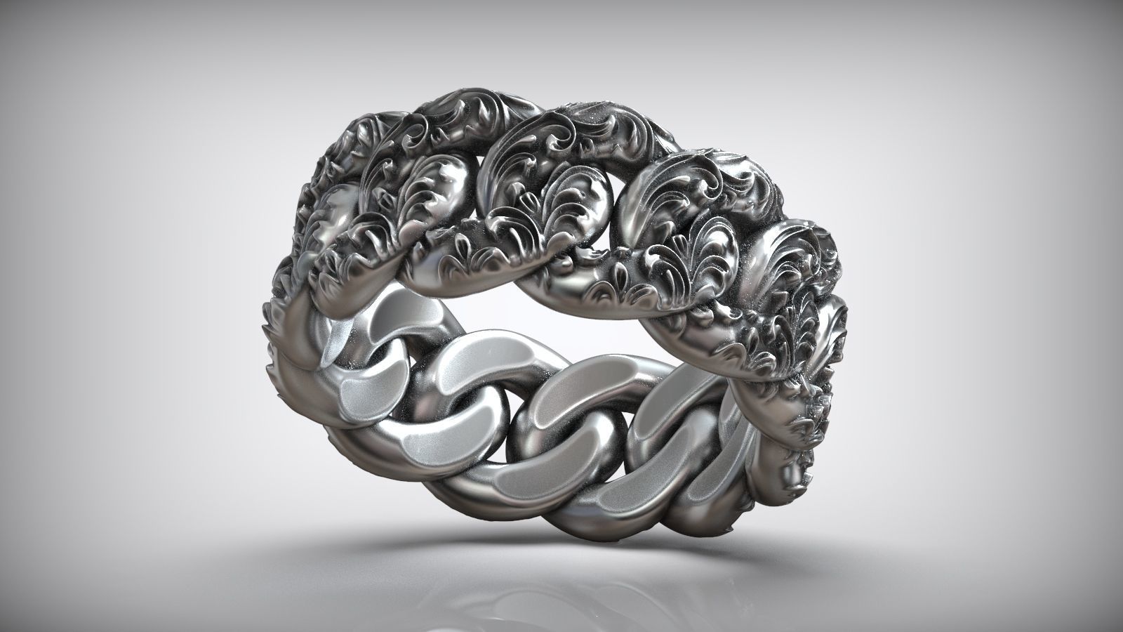 Miami Cuban Chain Link Ring Oxidized Floral Pattern 3D print model_3
