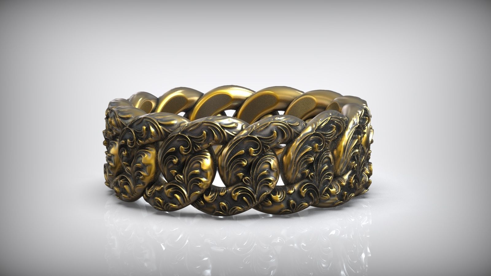 Miami Cuban Chain Link Ring Oxidized Floral Pattern 3D print model_1