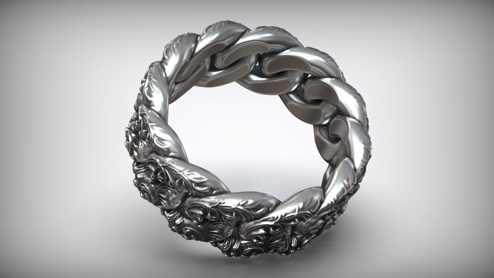 Miami Cuban Chain Link Ring Oxidized Floral Pattern 3D print model_6
