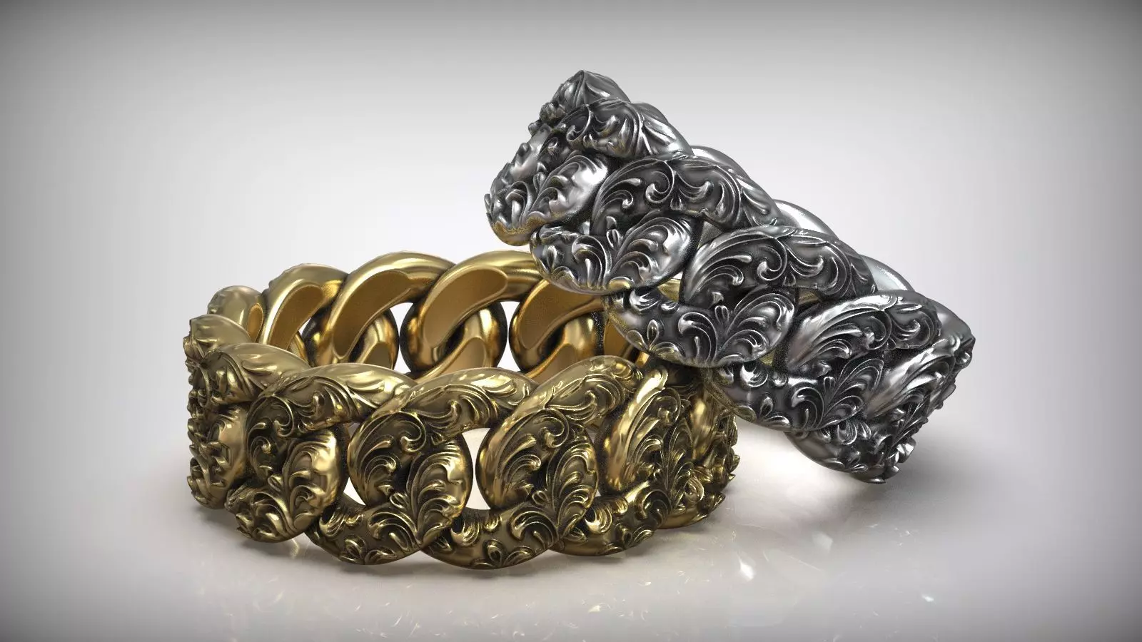 Miami Cuban Chain Link Ring Oxidized Floral Pattern 3D print model_0