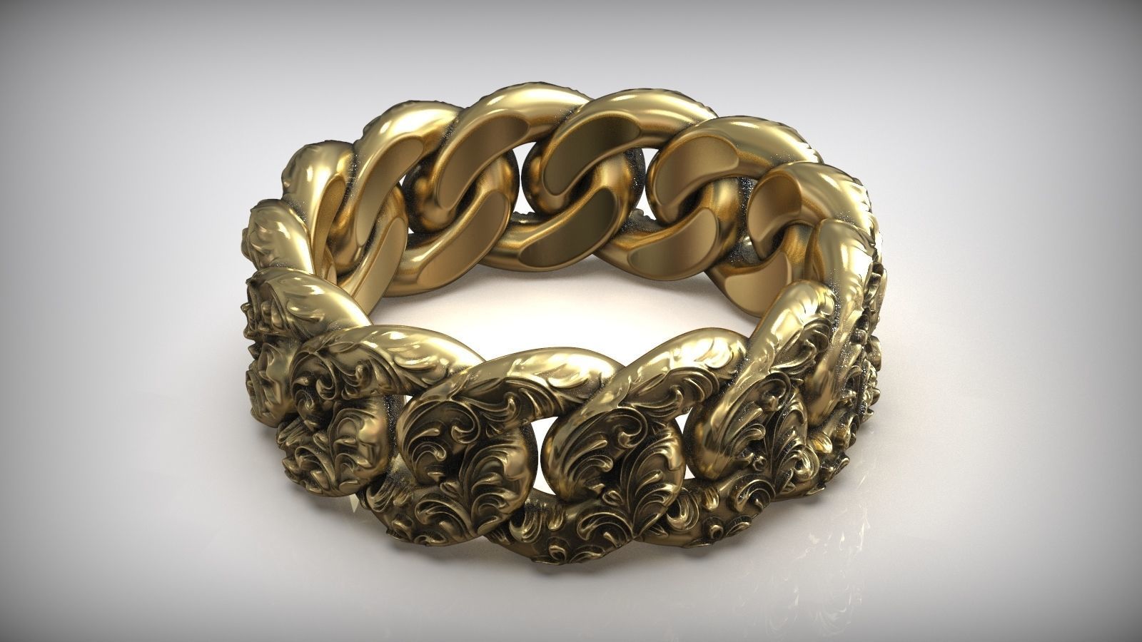 Miami Cuban Chain Link Ring Oxidized Floral Pattern 3D print model_4