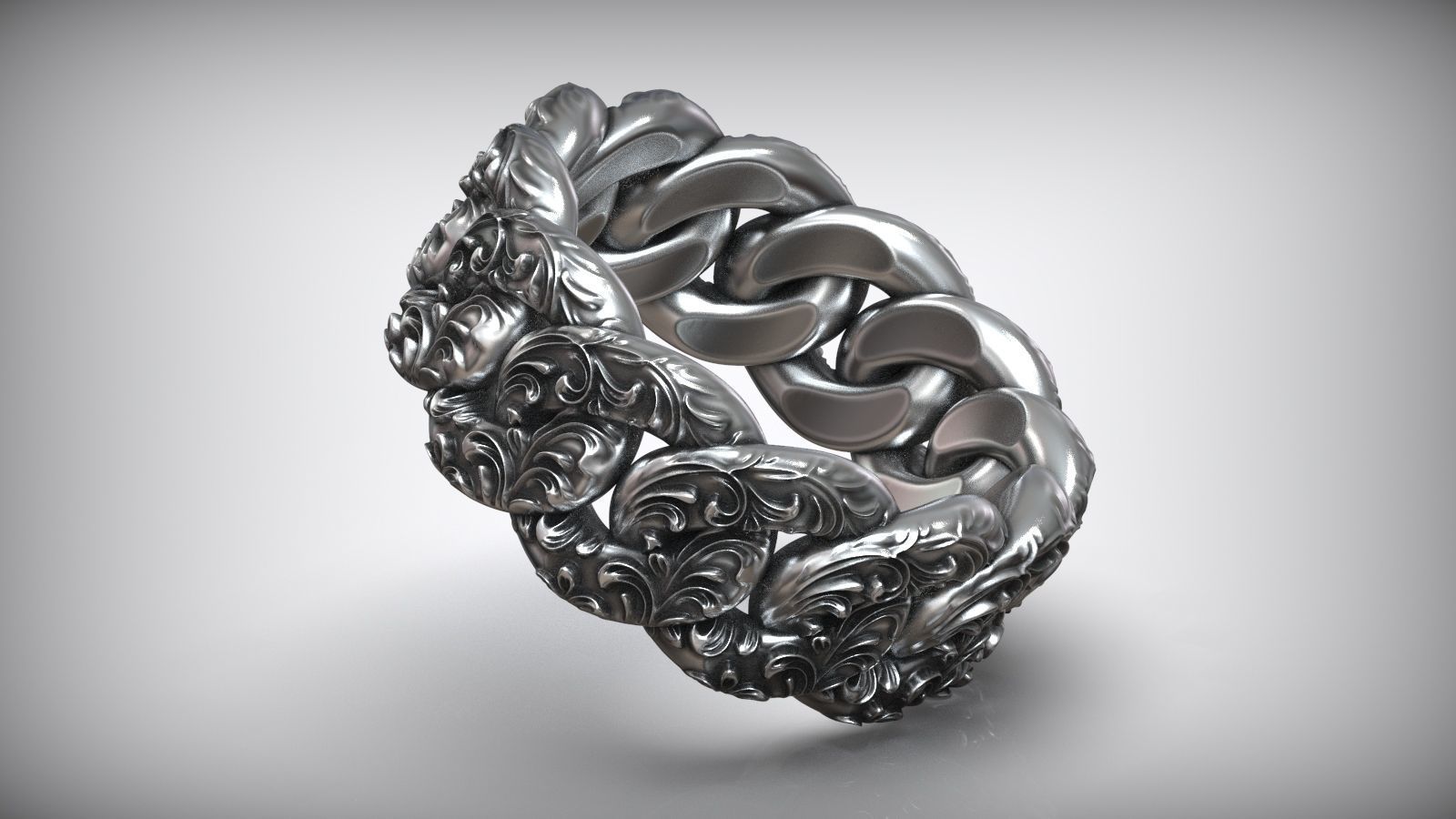 Miami Cuban Chain Link Ring Oxidized Floral Pattern 3D print model_5